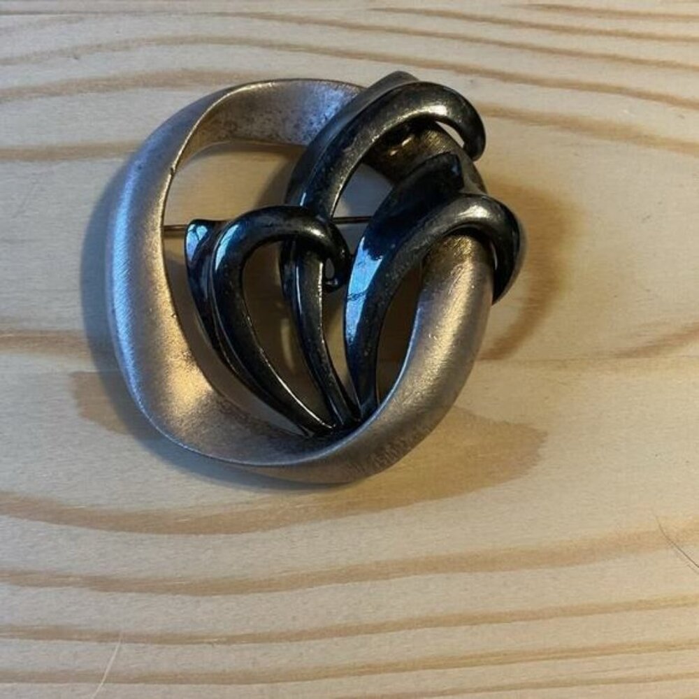Vintage Silver Tone & Black Abstract Design Brooch